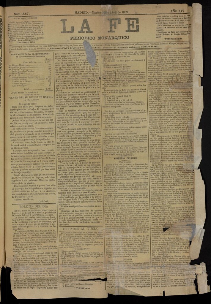 Miniatura de La Fe: periódico monárquico del 30 de abril de 1889
