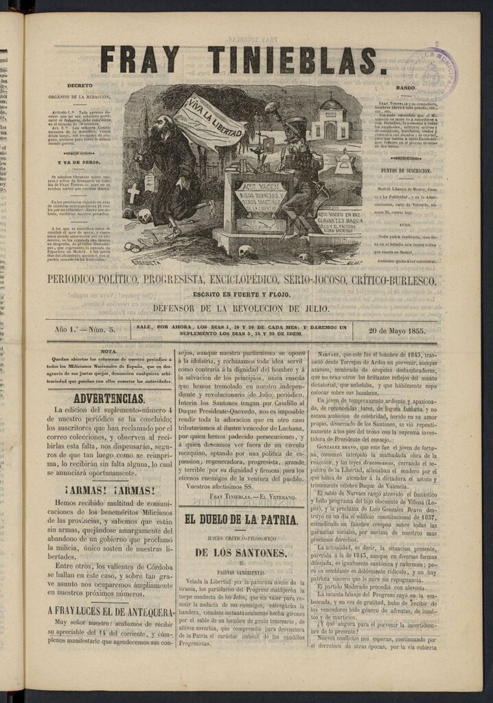 Miniatura de Fray Tinieblas: periódico político del 20 de mayo de 1855, nº 5