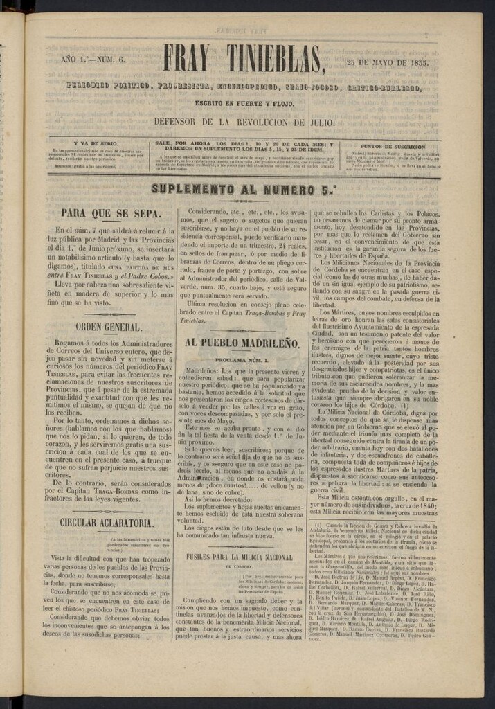 Miniatura de Fray Tinieblas: periódico político del 25 de mayo de 1855, nº 6