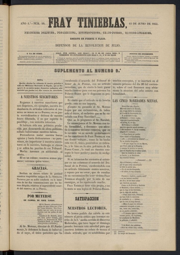 Miniatura de Fray Tinieblas: periódico político del 15 de junio de 1855, nº 10