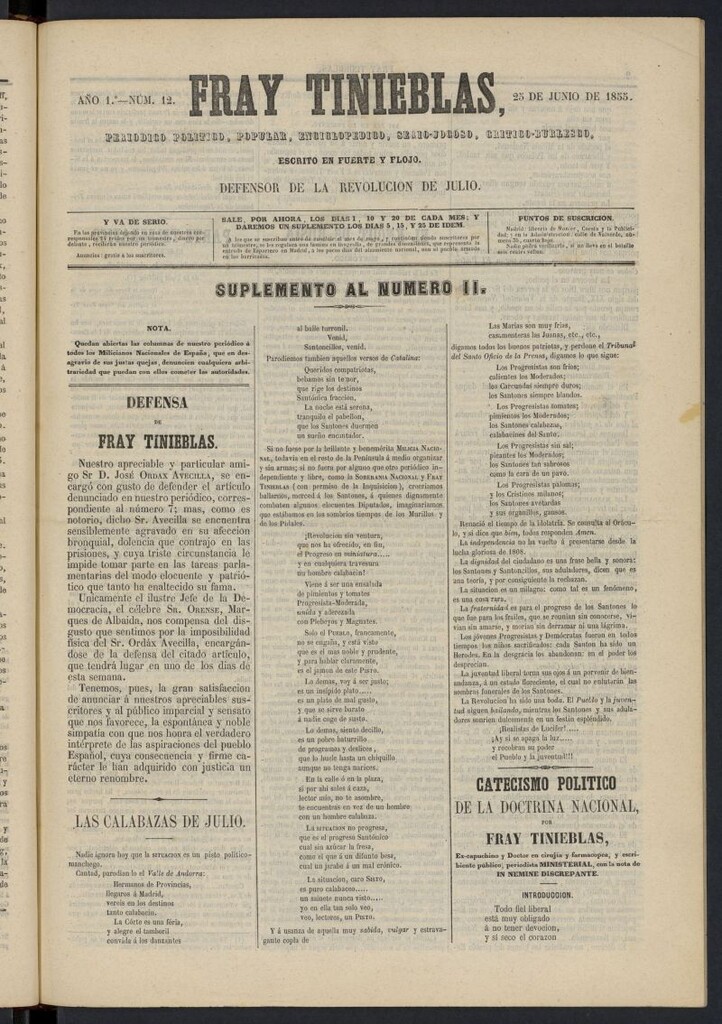 Miniatura de Fray Tinieblas: periódico político del 25 de junio de 1855, nº 12