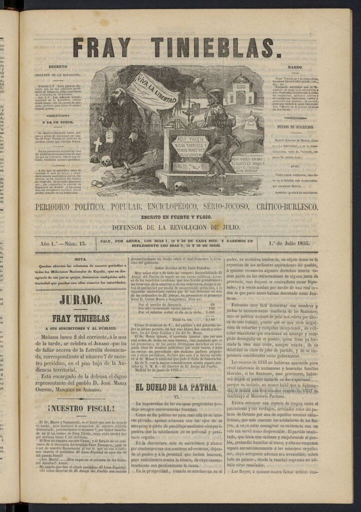 Miniatura de Fray Tinieblas: periódico político del 1 de julio de 1855, nº 13