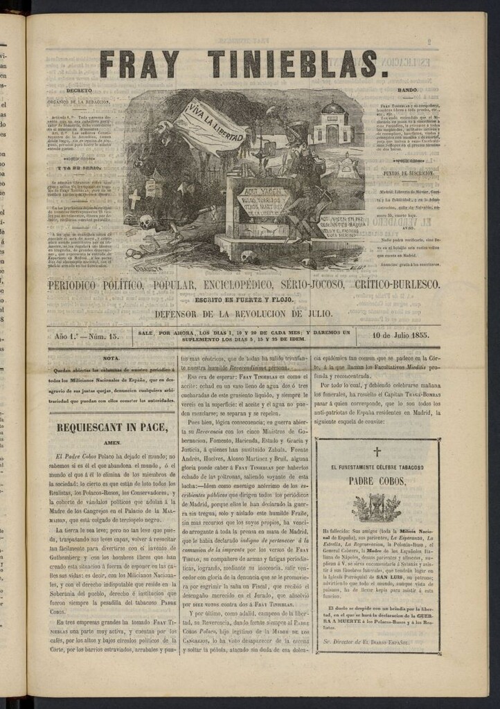 Miniatura de Fray Tinieblas: periódico político del 10 de julio de 1855, nº 15