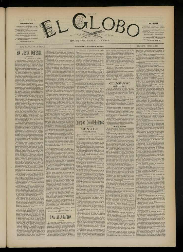 Miniatura de El Globo : diario ilustrado del 30 de noviembre de 1894, nº 6958