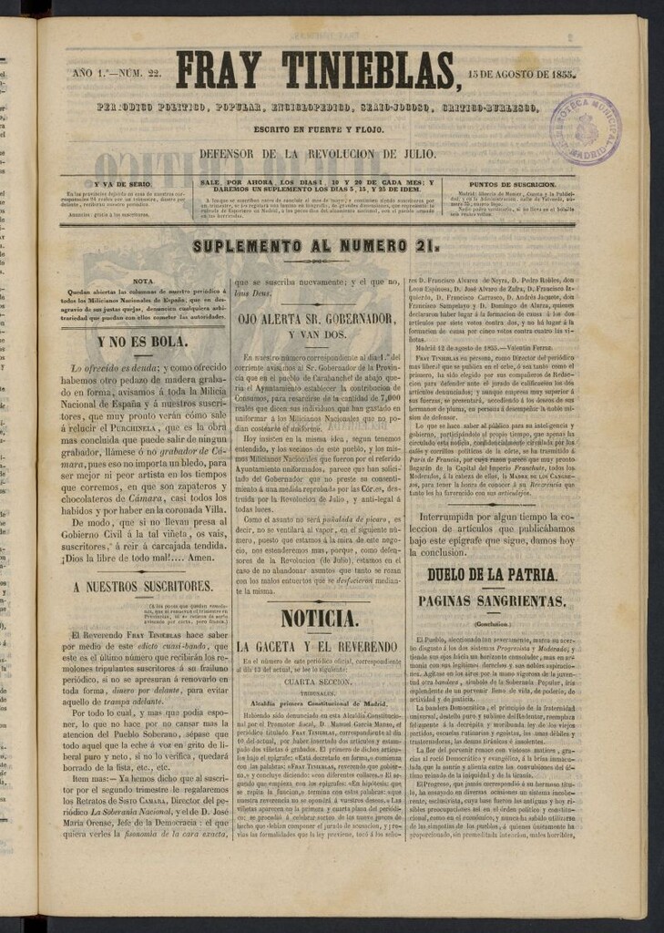 Miniatura de Fray Tinieblas: periódico político del 15 de agosto de 1855, nº 22