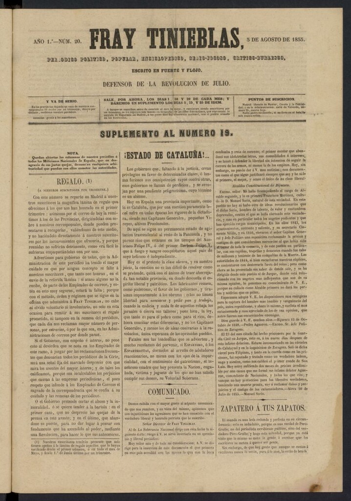 Miniatura de Fray Tinieblas: periódico político del 5 de agosto de 1855, nº 20