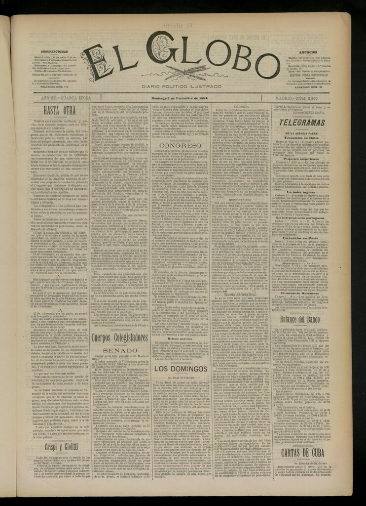 Miniatura de El Globo : diario ilustrado del 2 de diciembre de 1894, nº 6960