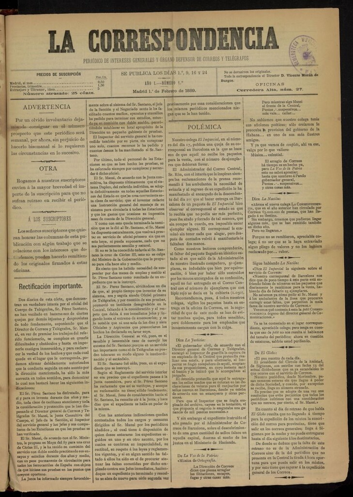 Miniatura de La Correspondencia: periódico de intereses generales y órgano defensor de Correos y Telégrafos del 1 de febrero de 1889
