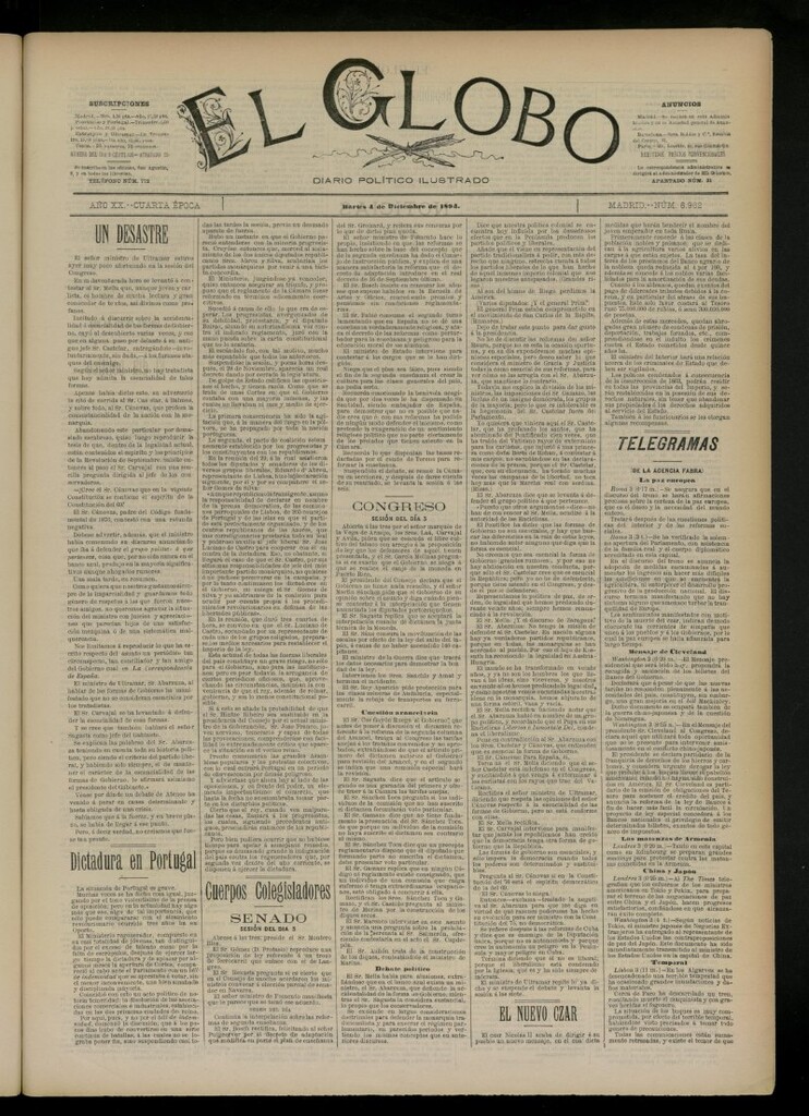 Miniatura de El Globo : diario ilustrado del 4 de diciembre de 1894, nº 6962