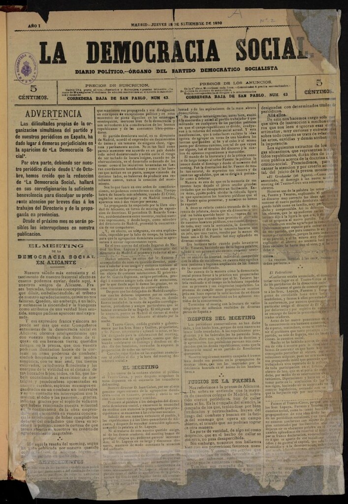 Miniatura de La Democracia Social del 18 de septiembre de 1890