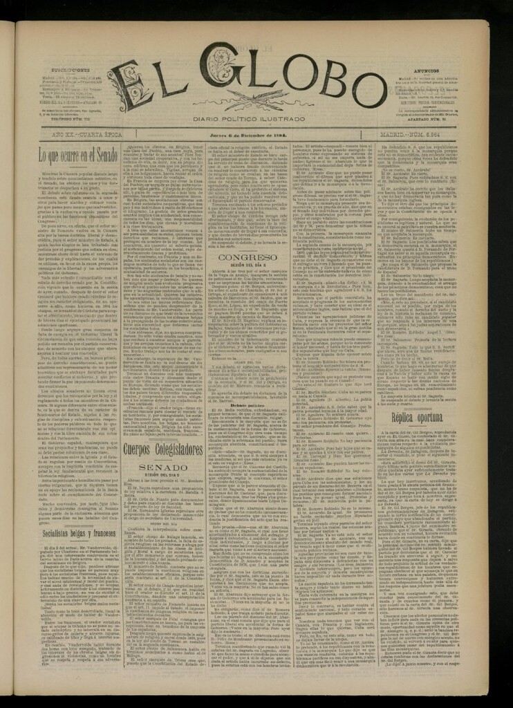 Miniatura de El Globo : diario ilustrado del 6 de diciembre de 1894, nº 6964