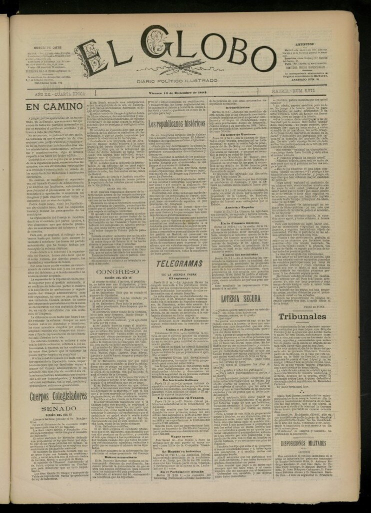 Miniatura de El Globo : diario ilustrado del 14 de diciembre de 1894, nº 6972