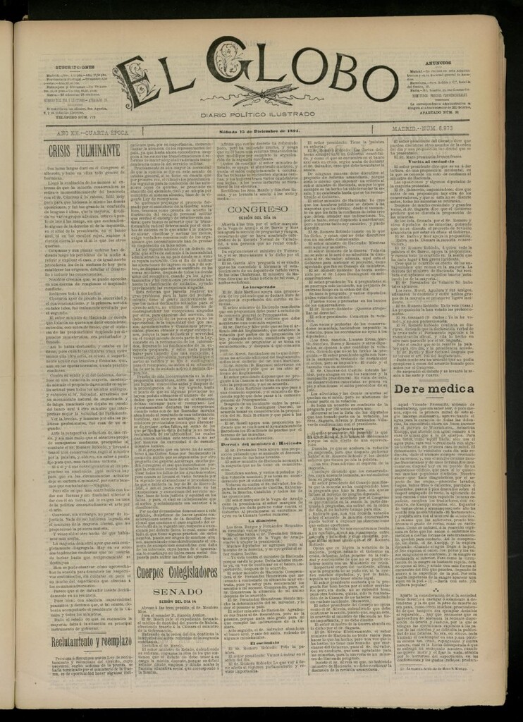 Miniatura de El Globo : diario ilustrado del 15 de diciembre de 1894, nº 6973