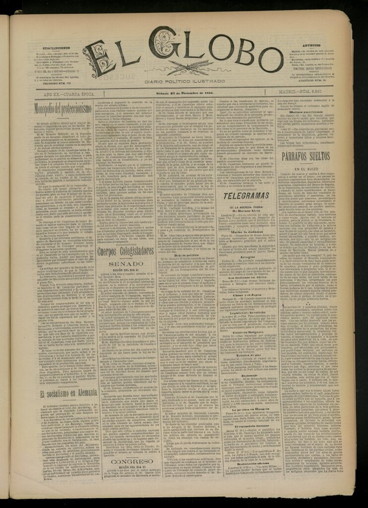 Miniatura de El Globo : diario ilustrado del 22 de diciembre de 1894, nº 6980