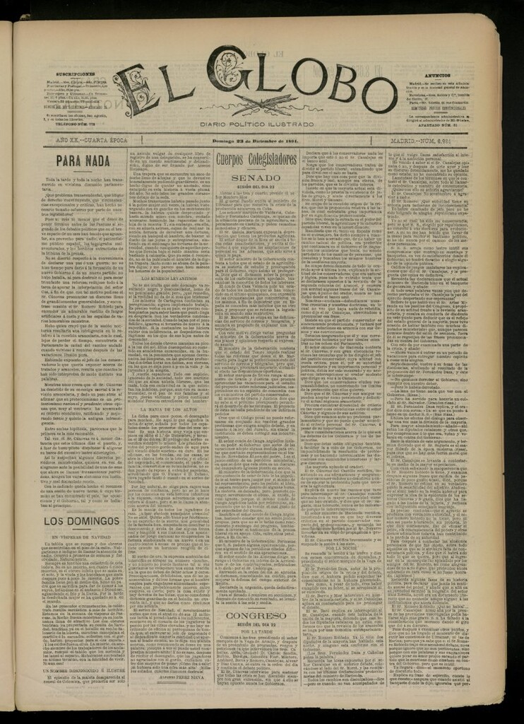 Miniatura de El Globo : diario ilustrado del 23 de diciembre de 1894, nº 6981