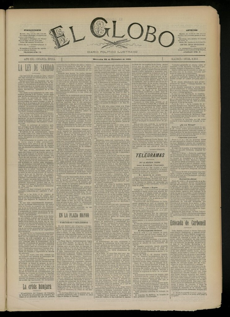 Miniatura de El Globo : diario ilustrado del 26 de diciembre de 1894, nº 6983