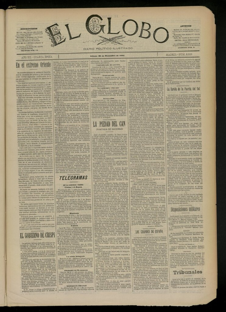 Miniatura de El Globo : diario ilustrado del 29 de diciembre de 1894, nº 6986