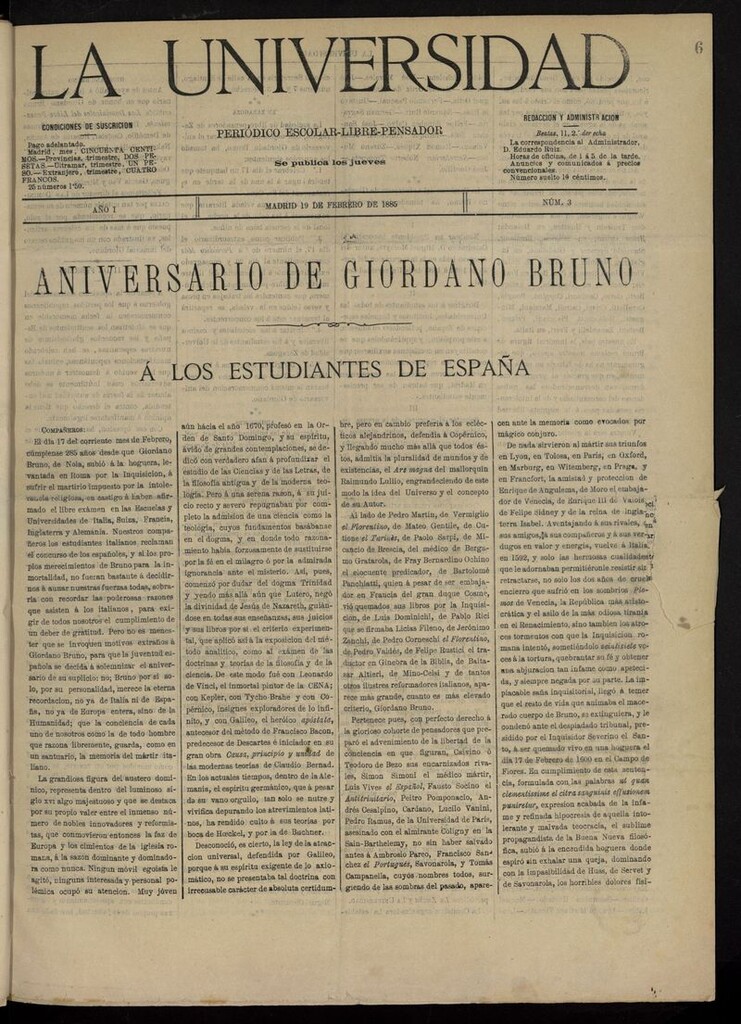 Miniatura de La Universidad: periódico escolar-libre-pensador del 19 de febrero de 1885