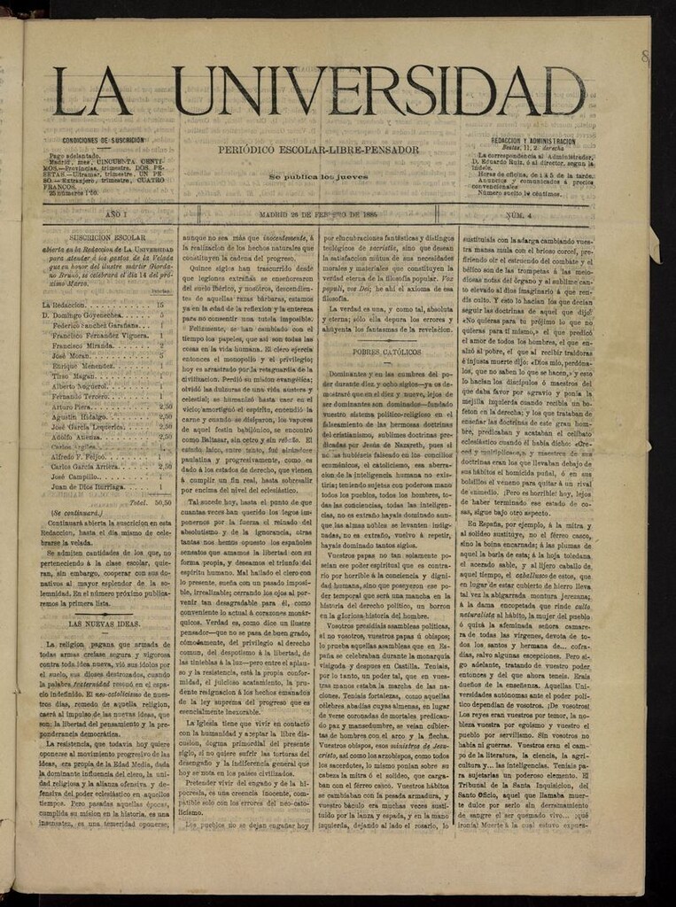 Miniatura de La Universidad: periódico escolar-libre-pensador del 26 de febrero de 1885