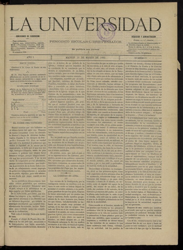 Miniatura de La Universidad: periódico escolar-libre-pensador del 19 de marzo de 1885