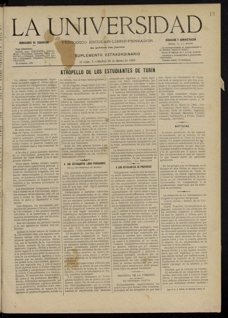 Miniatura de La Universidad: periódico escolar-libre-pensador del 20 de marzo de 1885, suplemento al nº 7