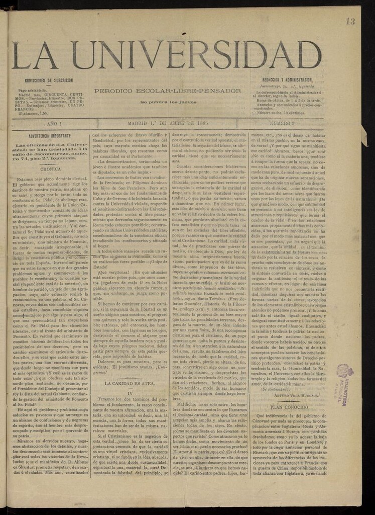Miniatura de La Universidad: periódico escolar-libre-pensador del 1 de abril de 1885