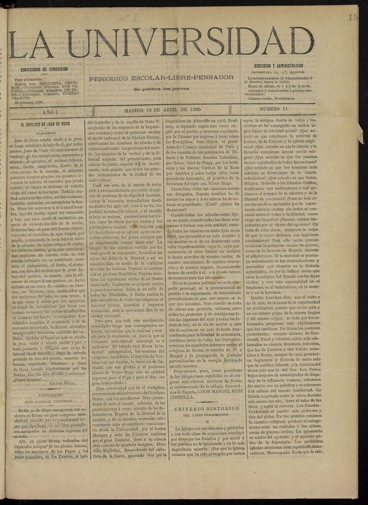 Miniatura de La Universidad: periódico escolar-libre-pensador del 16 de abril de 1885