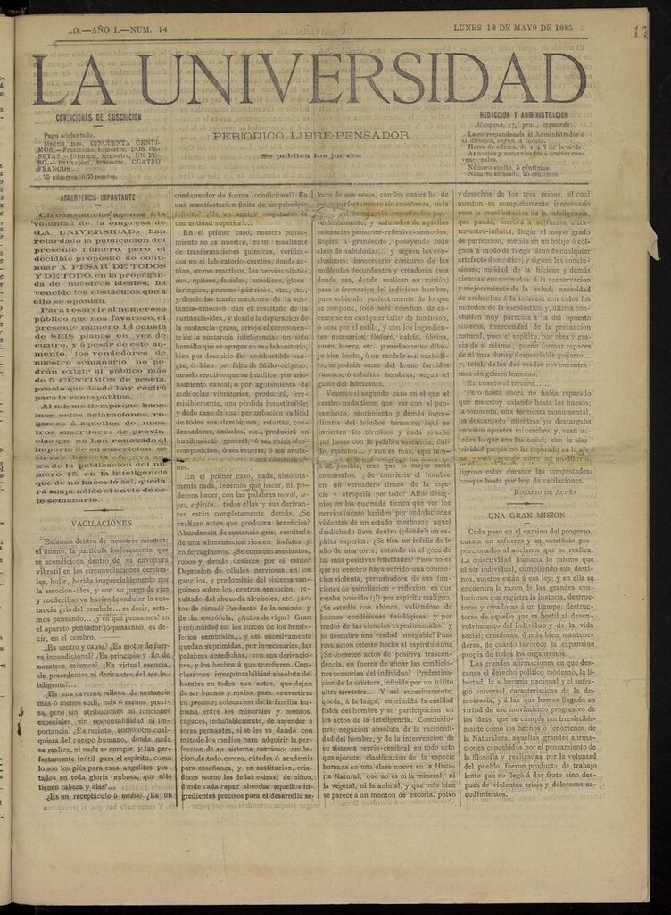 Miniatura de La Universidad: periódico escolar-libre-pensador del 18 de mayo de 1885