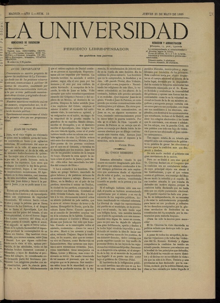 Miniatura de La Universidad: periódico escolar-libre-pensador del 21 de mayo de 1885