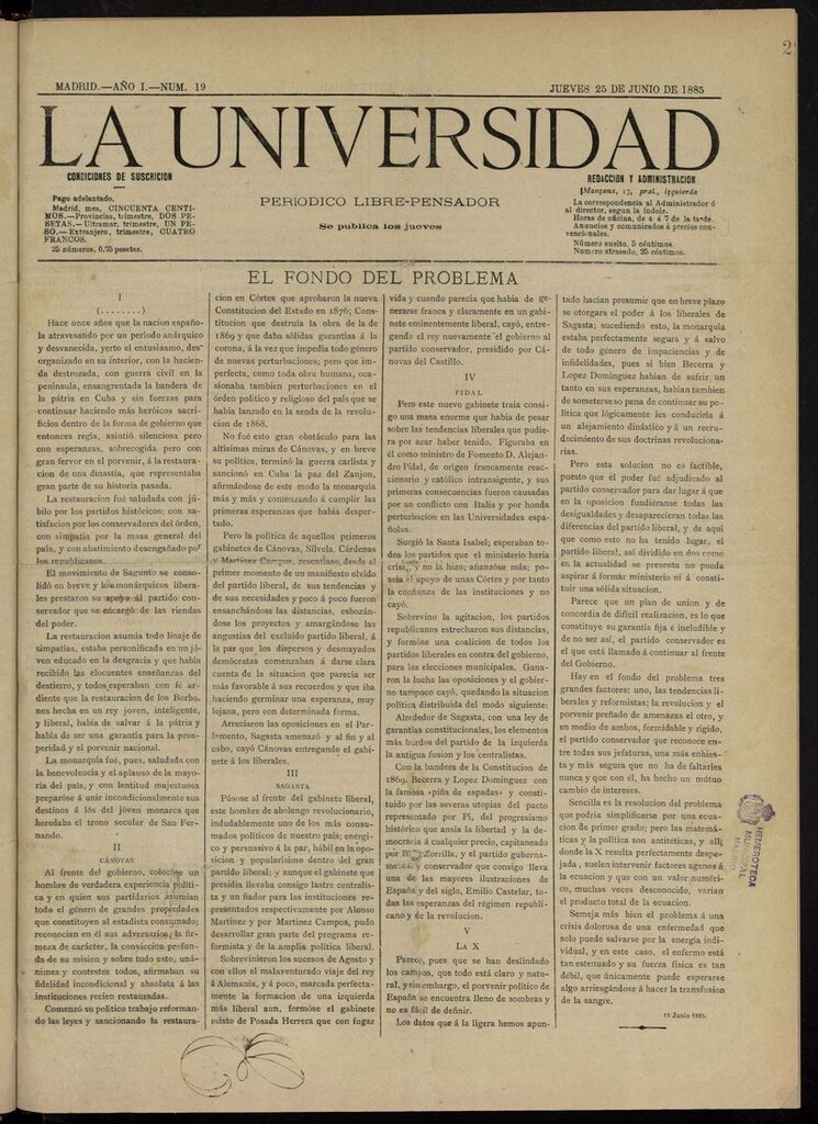 Miniatura de La Universidad: periódico escolar-libre-pensador del 25 de junio de 1885