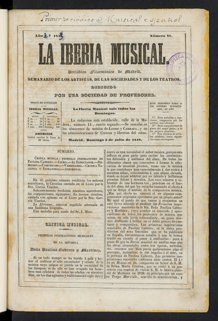 Miniatura de La Iberia Musical del 3 de julio de 1842