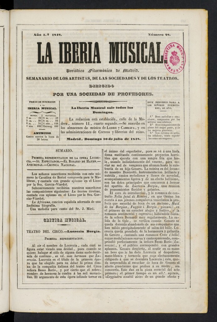 Miniatura de La Iberia Musical del 10 de julio de 1842