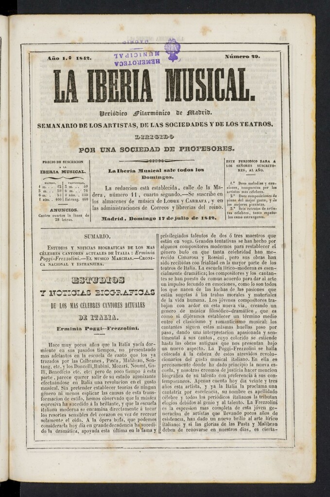 Miniatura de La Iberia Musical del 17 de julio de 1842