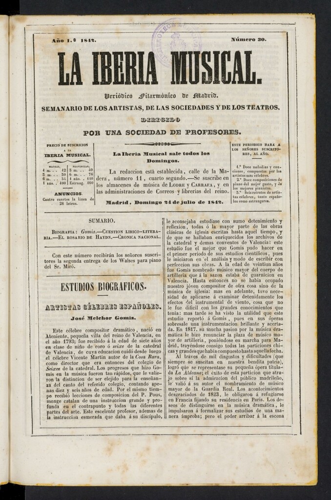 Miniatura de La Iberia Musical del 24 de julio de 1842