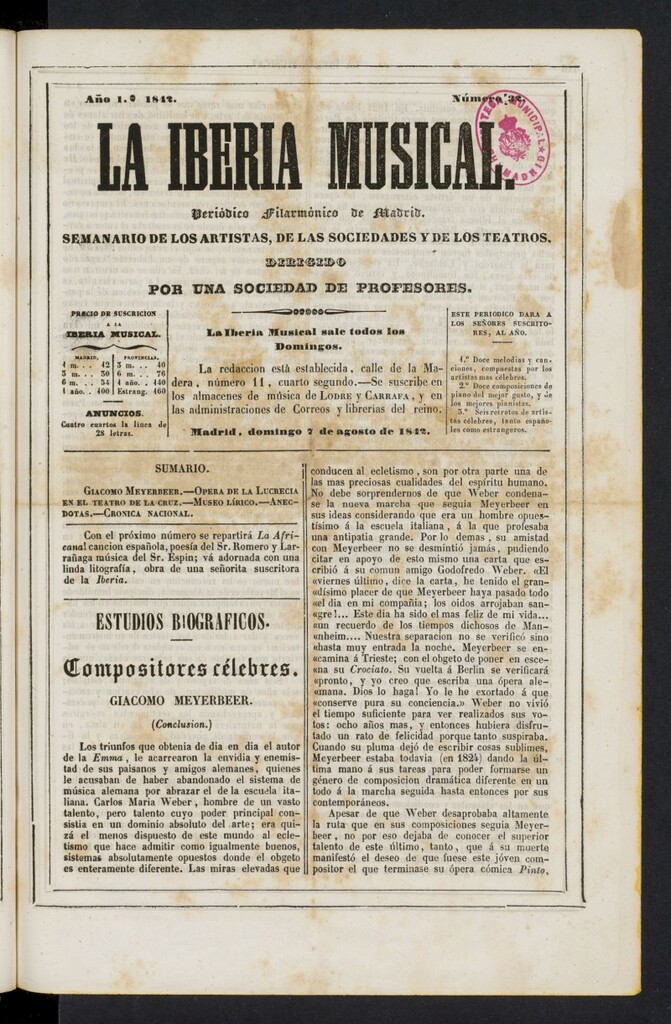 Miniatura de La Iberia Musical del 7 de agosto de 1842