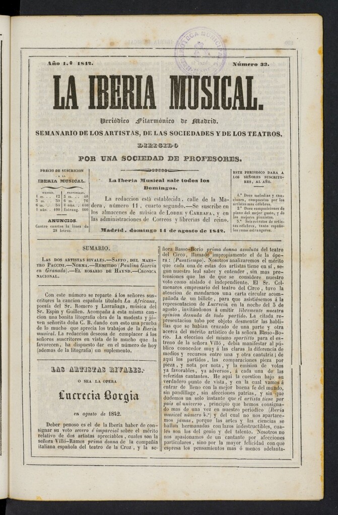 Miniatura de La Iberia Musical del 14 de agosto de 1842