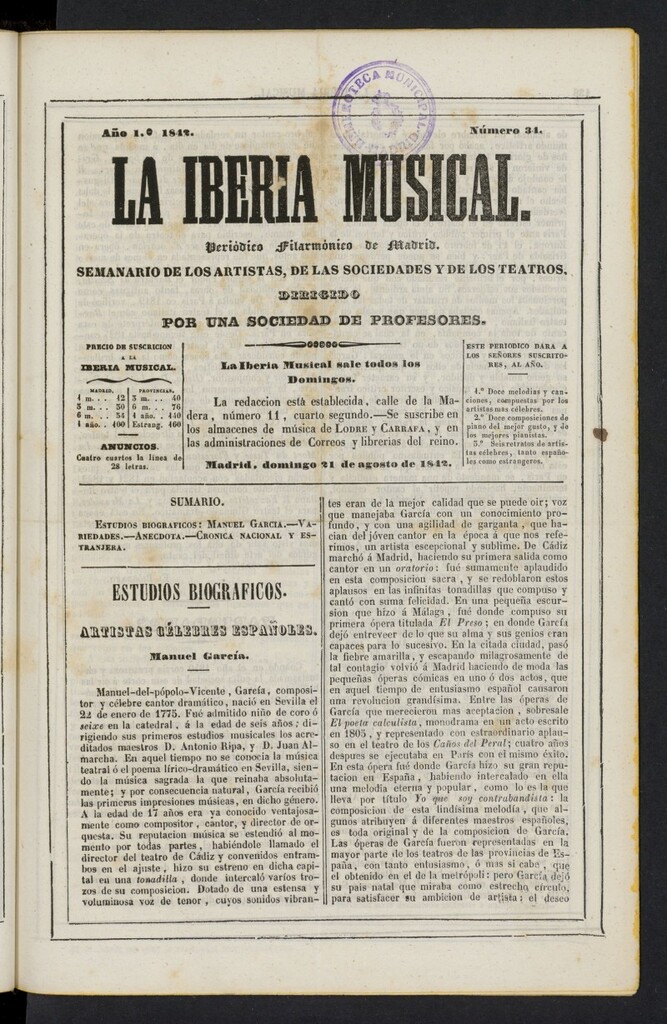 Miniatura de La Iberia Musical del 21 de agosto de 1842