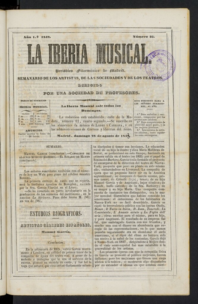 Miniatura de La Iberia Musical del 28 de agosto de 1842