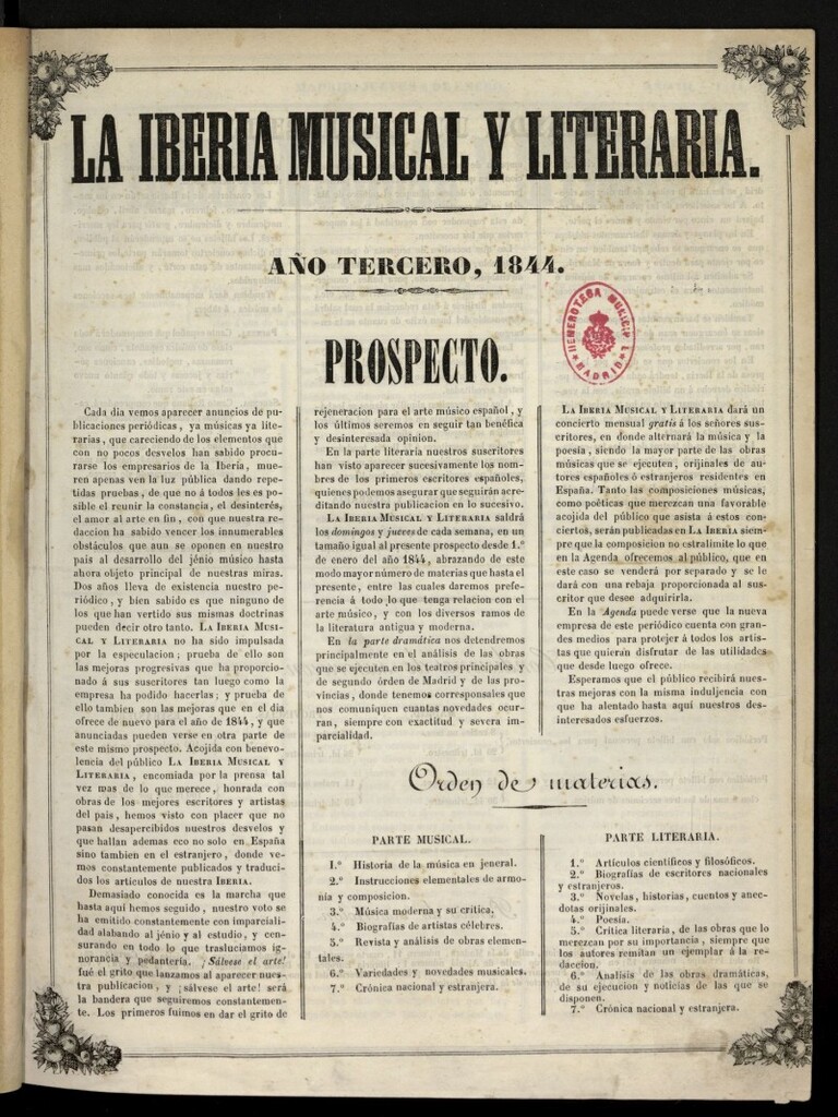 Miniatura de La Iberia Musical, número prospecto de 1844