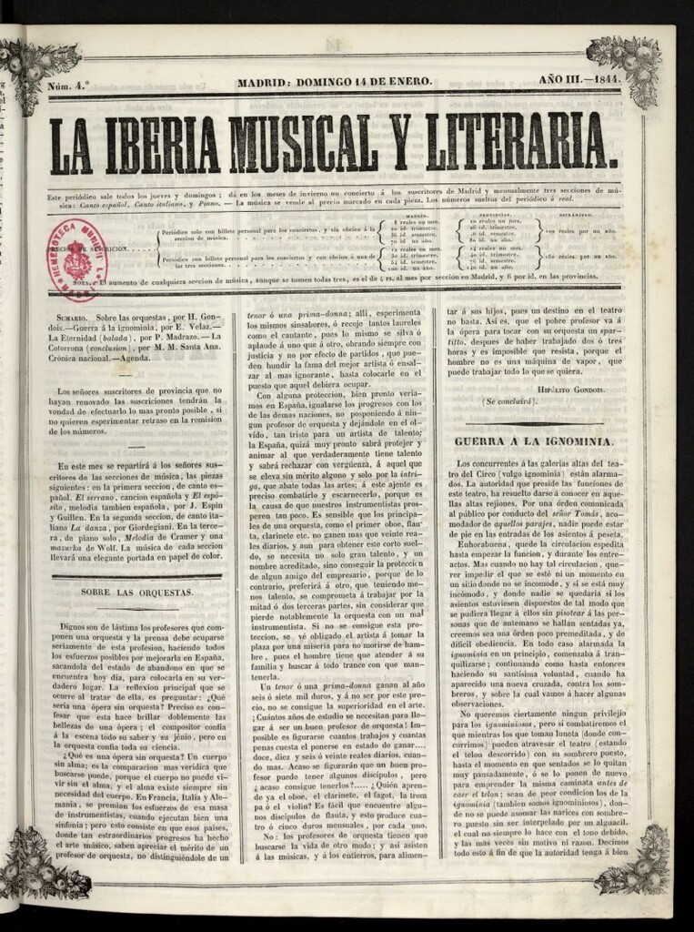 Miniatura de La Iberia Musical del 14 de enero de 1844