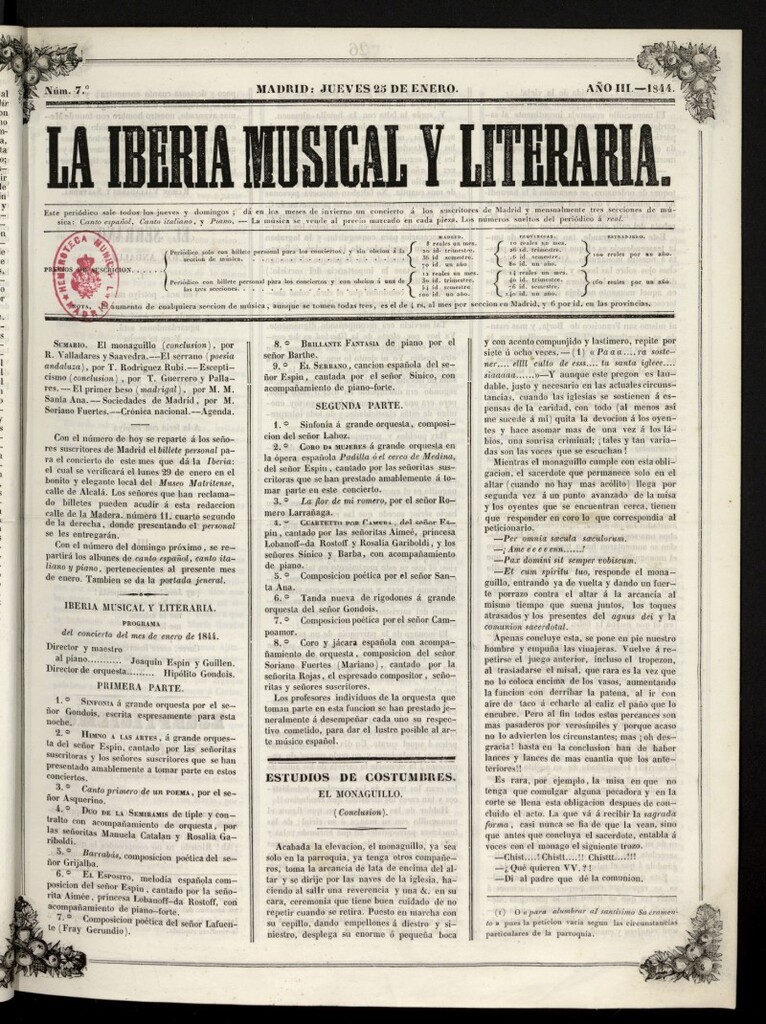 Miniatura de La Iberia Musical del 25 de enero de 1844