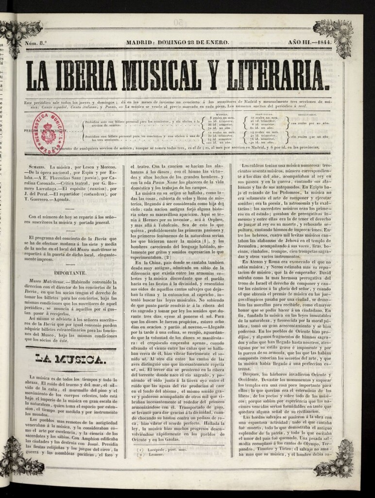 Miniatura de La Iberia Musical del 28 de enero de 1844