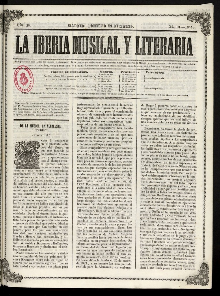 Miniatura de La Iberia Musical del 31 de marzo de 1844