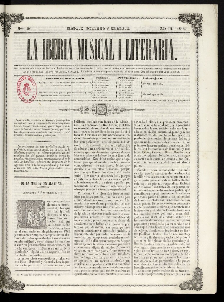 Miniatura de La Iberia Musical del 7 de abril de 1844