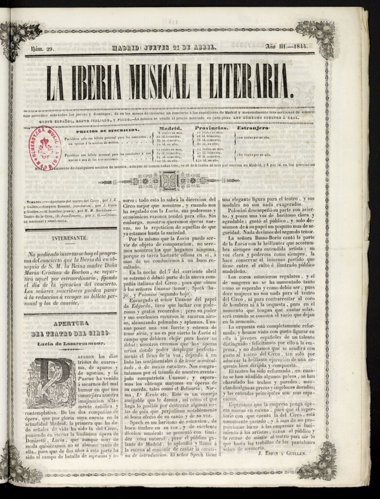 Miniatura de La Iberia Musical del 11 de abril de 1844