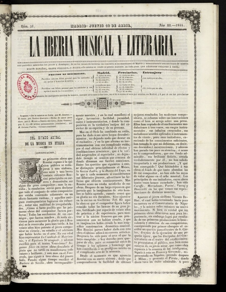 Miniatura de La Iberia Musical del 18 de abril de 1844