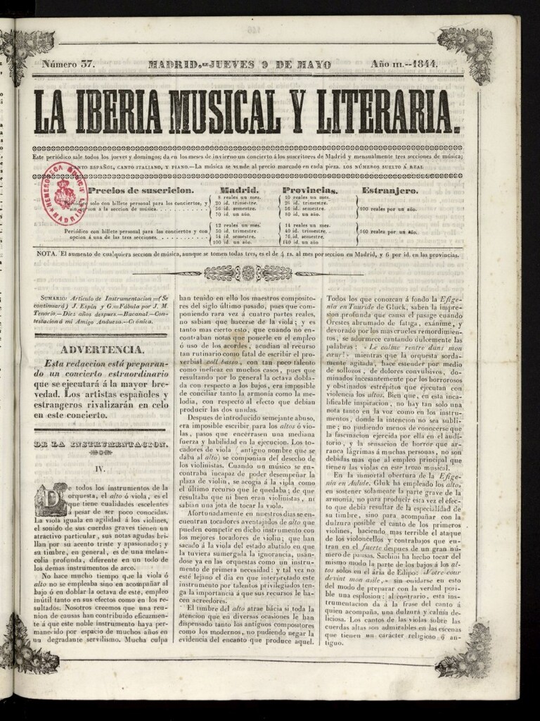 Miniatura de La Iberia Musical del 9 de mayo de 1844