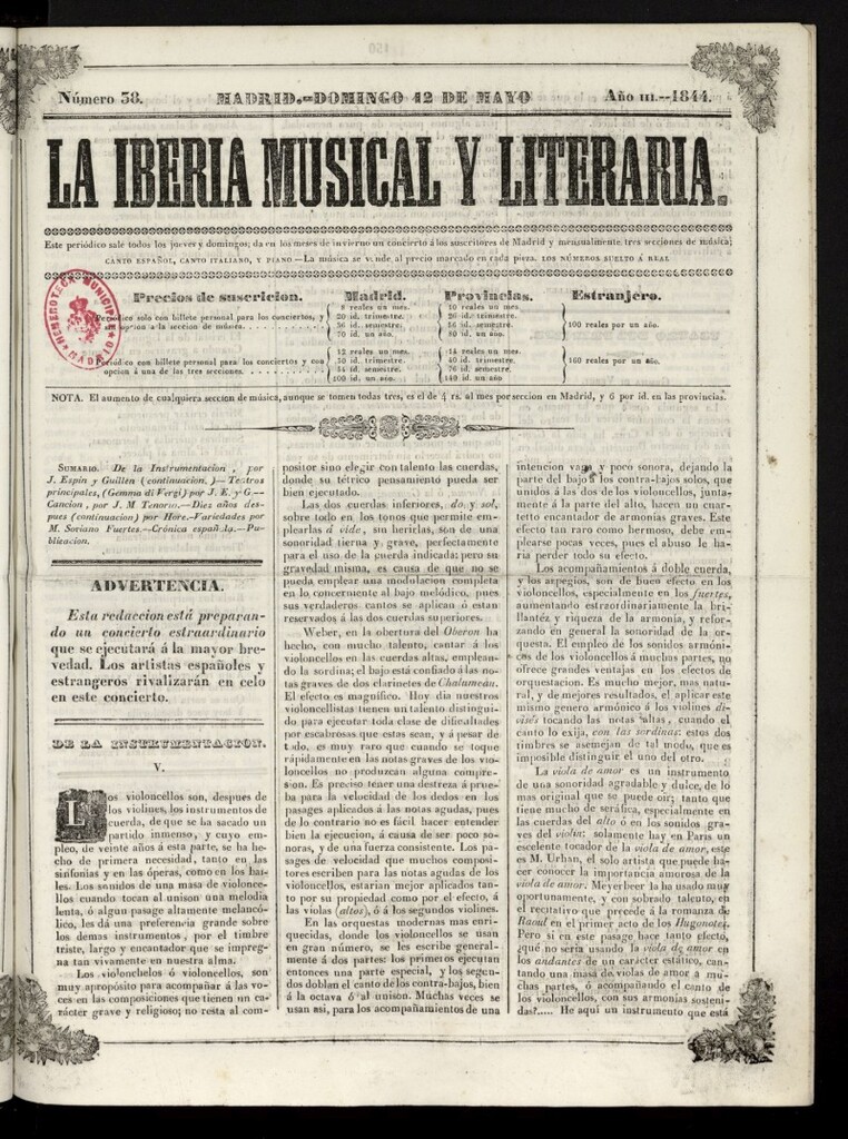 Miniatura de La Iberia Musical del 12 de mayo de 1844