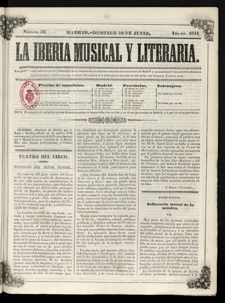 Miniatura de La Iberia Musical del 30 de junio de 1844