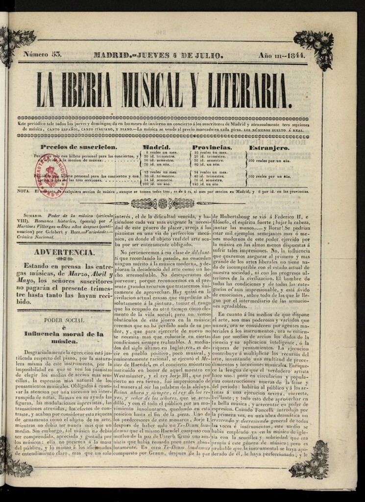Miniatura de La Iberia Musical del 4 de julio de 1844